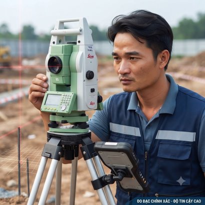 Kỹ thuật viên đo đạc bằng máy toàn đạc
